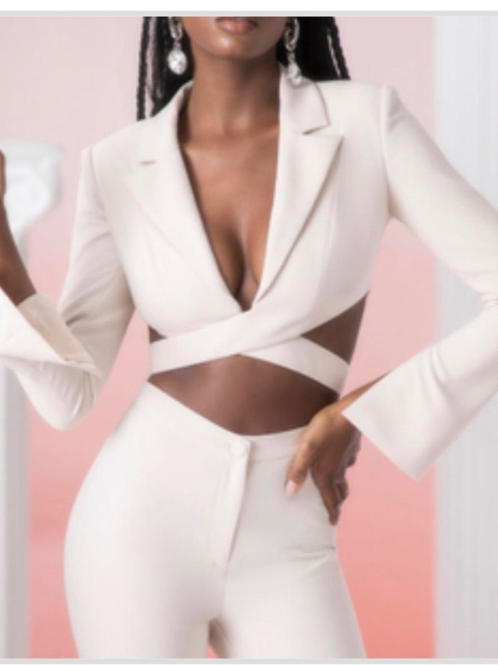 Oh Polly Cropped Wrap Blazer and High-Waist Pants Set in Light Cream